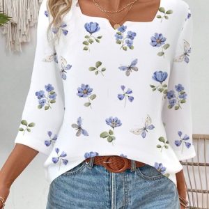 Women Floral Notched Casual Three Quarter Sleeve T-shirt, Tees & T-shirts, Roselinlin - Online Catalog