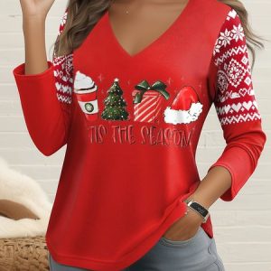 Women's Long Sleeve Tee T-shirt Spring/Fall Christmas Jersey V Neck Holiday Going Out Casual Top, JustFashionNow T-Shirts, color:Red|size:XXL,