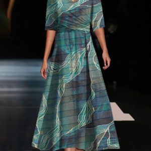 Women's Short Sleeve Summer Geometric Dress V Neck Daily Going Out Casual Maxi A-Line, JustFashionNow Dresses, color:Green|size:XXL,