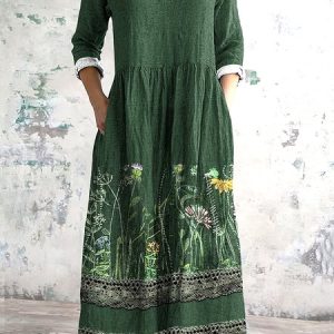 Women Floral V Neck Long Sleeve Comfy Casual Maxi Dress, Maxi, color:Green|size:3XL, catalog Noracora shop