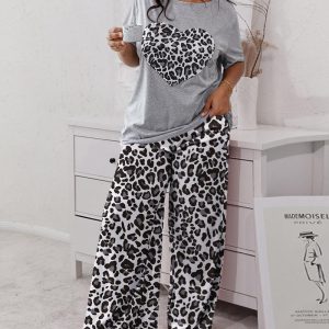 2 Pieces Heart Leopard Pattern Round Neck Short Sleeve T Thirt and Casual Loose Fit Pants Set, women Pajamas Sets, ChicMe catalog