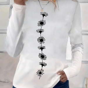 Women's Long Sleeve Tee T-shirt Spring/Fall Floral Printing Crew Neck Casual Graphic Tee Top, JustFashionNow T-Shirts, color:White|size:3XL