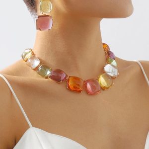 2PCS Jewellery Set Boho Geometric Colorful Crystal Jelly Necklace and Earrings, women Necklace & Pendant, ChicMe catalog