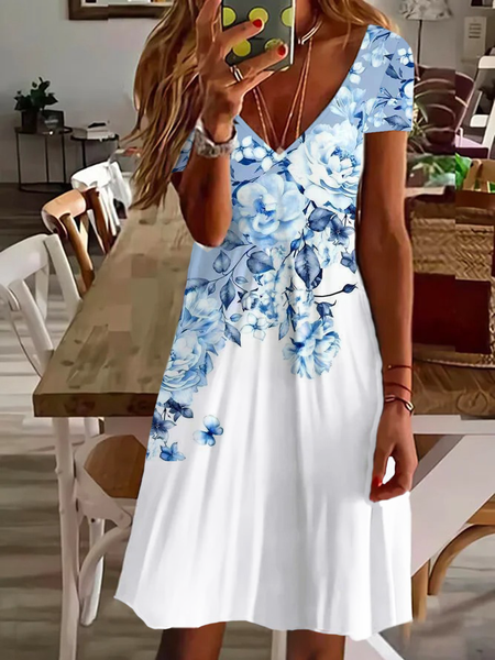 Women's Floral Spring Print Casual V-Neck Short Sleeve Dress, Dresses, Lilicloth.com - Image 19