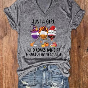 Women's Just A Girl Who Loves Wine At Hallothanksmas Print V-Neck T-Shirt, T-shirts, Lilicloth.com