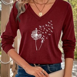 V Neck Casual Dandelion Regular Fit T-Shirt, Long sleeves, Lilicloth.com