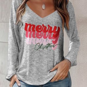 Women's Long Sleeve Tee T-shirt Spring/Fall Text Letters Jersey V Neck Daily Going Out Casual Top, JustFashionNow T-Shirts, color:Gray|size:XXL,