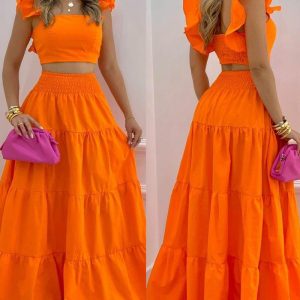 Shirred Crop Top & Maxi Skirt Set, women Two-piece Sets, ChicMe catalog