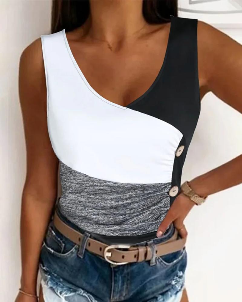 Button Decor Colorblock Ruched Slim Fit Tank Top, women Tanks & Crop Tops, ChicMe catalog