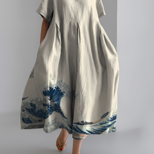 Women's Artistic Wave Print Vintage Round Neck Pleated Dress, Dresses, Lilicloth.com