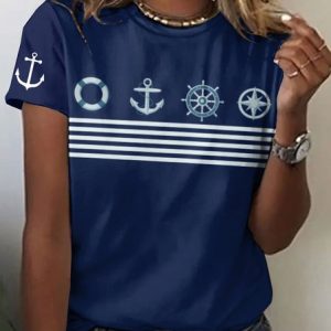 Casual Geometric Crew Neck Short Sleeve T-shirt, T-shirts, color:Purplish Blue|size:4XL, catalog Noracora shop