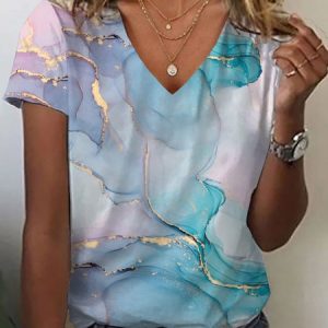 Casual Abstract V Neck Short Sleeve T-shirt, T-shirts, color:As Picture|size:XXL, catalog Noracora shop