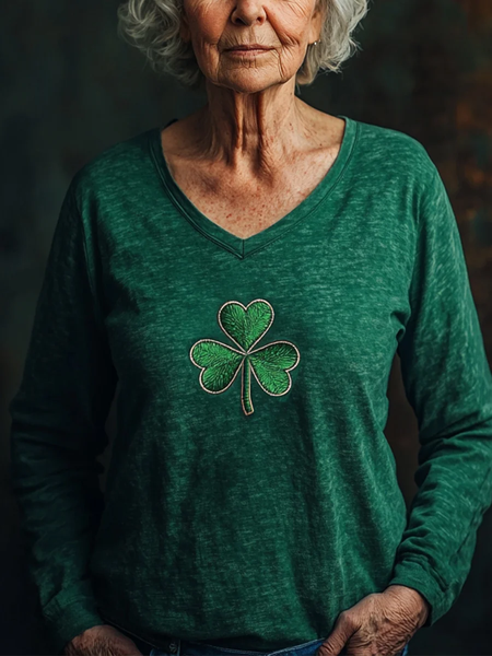 Women's Long Sleeve Tee T-shirt Spring/Fall Shamrock St Patrick's Day Floral V Neck Casual Graphic Tee Top, JustFashionNow T-Shirts, color:Green|size:XXL,