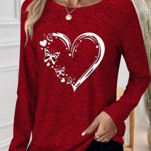 Women's Geometric Long Sleeve Tee T-shirt Crew Neck Casual Spring/Fall Top, JustFashionNow T-Shirts, color:Red|size:4XL,