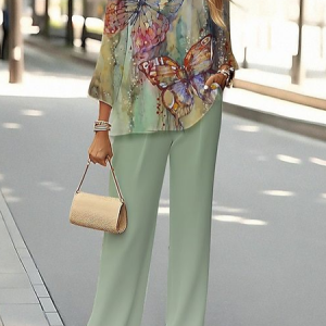 Women Floral Printing Two-Piece Set Daily Long Sleeve Casual Spring/Fall Top With Pants Matching Set, Sets, color:Green|size:XXL, catalog Noracora shop