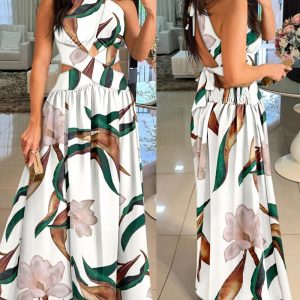 Floral Print Halter Criss Cross Shirred Maxi Dress Casual Hollow Out A Line Vacaton Dress, women Maxi Dresses, ChicMe catalog