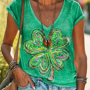 Women's Ombre Short Sleeve Tee T-shirt V Neck Casual Summer Top, JustFashionNow T-Shirts, color:Green|size:5XL,