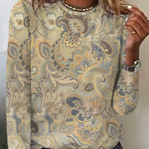 Paisley Printed Long Sleeve Casual T-Shirt, Long sleeves, Lilicloth.com