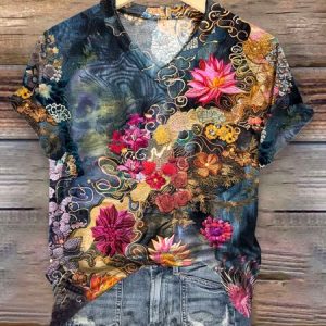 Casual Floral V Neck Short Sleeve T-shirt, T-shirts, color:Navyblue|size:4XL, catalog Noracora shop