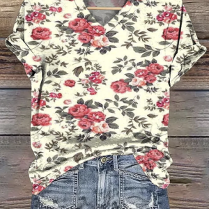 Casual Floral V Neck Short Sleeve T-shirt, T-shirts, color:Apricot|size:4XL, catalog Noracora shop