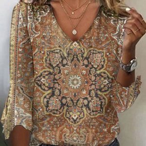 Women's Three Quarter Sleeve Tee T-shirt Spring/Fall Ethnic Jersey V Neck Daily Going Out Casual Top, JustFashionNow T-Shirts, color:Brown|size:XXL