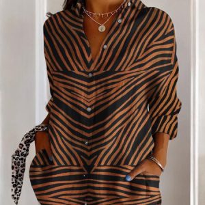 Women's Long Sleeve Shirt Spring/Fall Geometric Cotton Shirt Collar Daily Going Out Casual Top, JustFashionNow Blouses, color:Brown|size:5XL,