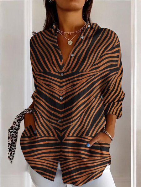 Women's Long Sleeve Shirt Spring/Fall Geometric Cotton Shirt Collar Daily Going Out Casual Top, JustFashionNow Blouses, color:Brown|size:5XL,