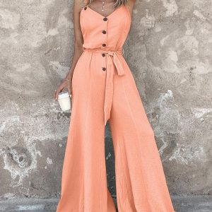 Sleeveless V-Neck Tied Waist Jumpsuit Button Down Wide Leg Outfits, women Jumpsuits, ChicMe catalog