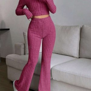 Women's Plain Two-Piece Set Daily Long Sleeve Casual Spring/Fall Top With Pants Matching Set, JustFashionNow Suit Set, color:Pink|size:XL,