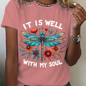 It Is Well Dragonfly Flower Cotton T-Shirt, T-shirts, Lilicloth.com
