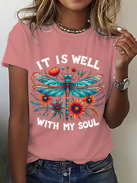 It Is Well Dragonfly Flower Cotton T-Shirt, T-shirts, Lilicloth.com