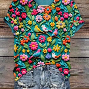 Casual Floral Crew Neck Short Sleeve T-shirt, T-shirts, color:Blue|size:4XL, catalog Noracora shop
