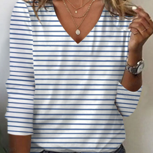 Women's Striped Long Sleeve Tee T-shirt V Neck Printing Casual Spring/Fall Graphic Tee Top, JustFashionNow T-Shirts, color:As Picture|size:XXL
