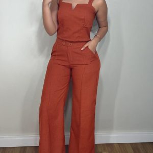 2 Pieces Outfits Spaghetti Strap Cami Crop Top and Casual Button Front Straight Leg Pants Set, women Two-piece Sets, ChicMe catalog