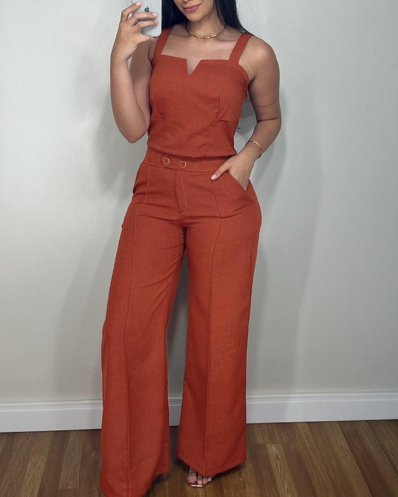 2 Pieces Outfits Spaghetti Strap Cami Crop Top and Casual Button Front Straight Leg Pants Set, women Two-piece Sets, ChicMe catalog