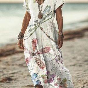 Women Animal V Neck Short Sleeve Comfy Vintage Maxi Dress, Maxi, color:White|size:4XL, catalog Noracora shop