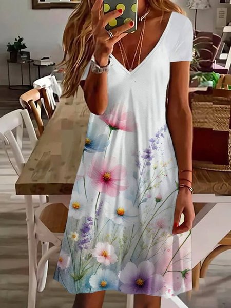 Women's Floral Spring Print Casual V-Neck Short Sleeve Dress, Dresses, Lilicloth.com - Image 4
