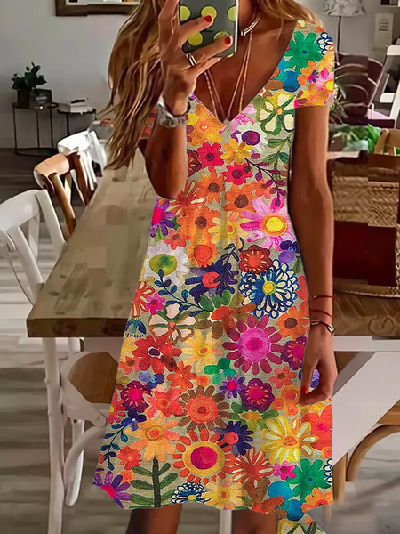 Women's Floral Spring Print Casual V-Neck Short Sleeve Dress, Dresses, Lilicloth.com - Image 14