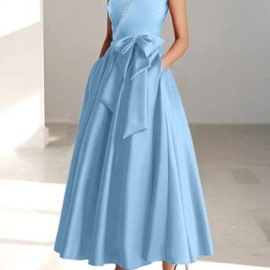 Women's Summer V Neck Light Blue Long Wedding Guest Formal Dress With Bow, JustFashionNow Dresses, color:Light Blue|size:XXL,