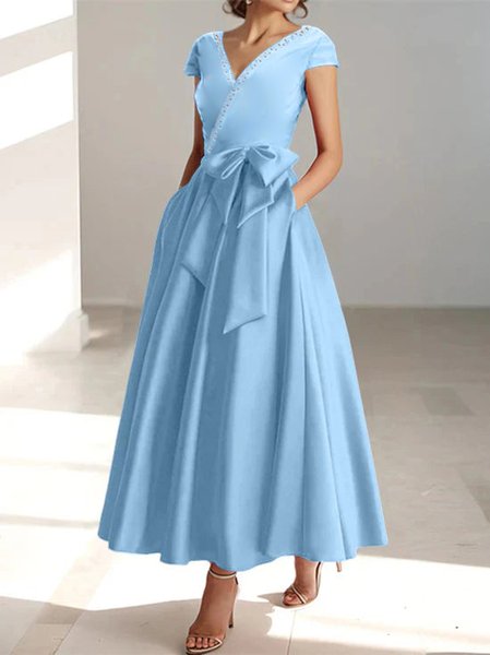 Women's Summer V Neck Light Blue Long Wedding Guest Formal Dress With Bow, JustFashionNow Dresses, color:Light Blue|size:XXL,