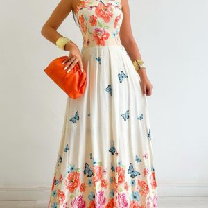 Floral Print Spaghetti Strap Square Neck Shirred Maxi Dress Casual Flowy A Line Vacation Dress, women Print Dresses, ChicMe catalog