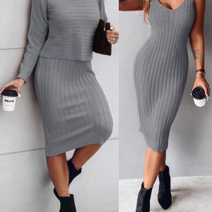 2 Piece Long Sleeve Cable Knit Sweater and V-Neck Slip Bodycon Midi Dress, women Two-piece Sets, ChicMe catalog
