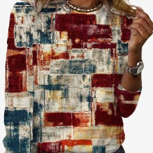 Women's Long Sleeve Tee T-shirt Spring/Fall Geometric Jersey Crew Neck Daily Going Out Casual Top, JustFashionNow T-Shirts, color:Wine Red|size:XXL,