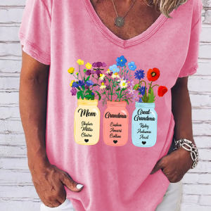 Women's Personalized Grandma Flower Jar Loose Casual T-Shirt, T-shirts, Lilicloth.com