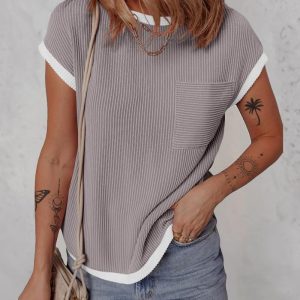 Colorblock Round Neck Short Sleeve Ribbed T Shirt Casual Loose Fit Kni Top, women T-shirt & Tees, ChicMe catalog