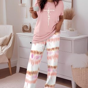 2 Pieces Outfit Floral print Round Neck Short Sleeve Top and Ombre Print Loose Fit Pants Set, women Pajamas Sets, ChicMe catalog
