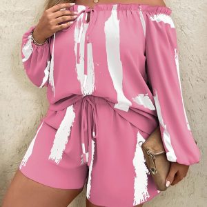 Plus Size Tie Dye Print Off Shoulder Top & Drawstring Shorts Set, women Two Piece Sets(plus), ChicMe catalog