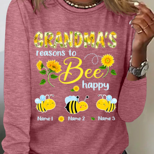 Personalized Grandma With Grandkids Sunflower Bee Butterfly Casual Long Sleeve Shirt, Long sleeves, Lilicloth.com
