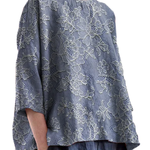 Vintage Floral Lace Embroidery Print Round Neck Linen Loose Blouse, Blouses, color:4XL|size:Purplish blue, catalog Noracora shop