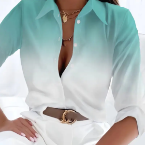 Women Ombre Long Sleeve Shirt Spring/Fall Printing Shirt Collar Daily Casual Top, JustFashionNow Shirts, color:Green|size:XXL,
